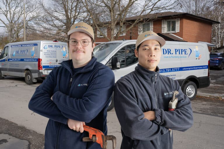 Dr. Pipe technicians in front of service vans for cast iron pipe descaling in Ottawa